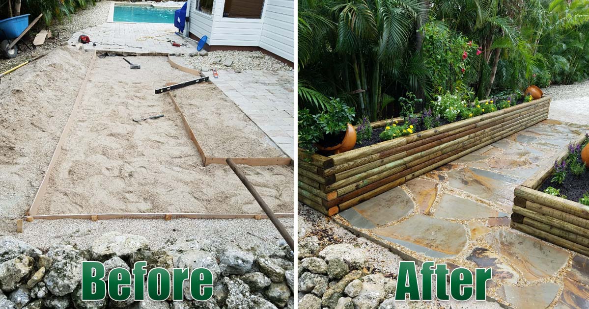 Hardscape paver patio remodel raised plant flower beds Before and After